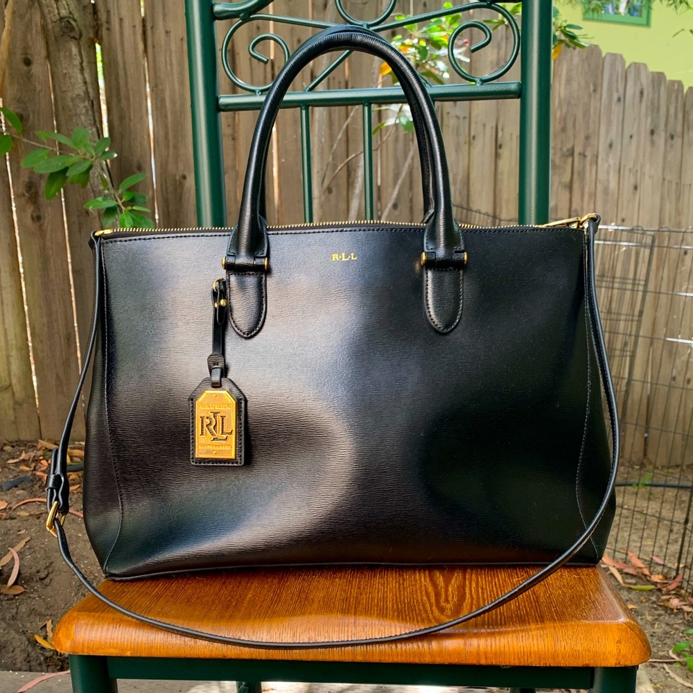 Ralph Lauren Black Leather Newbury Double Zip Satchel Tote - Large Size